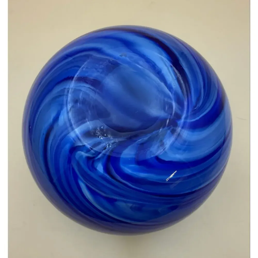 Hand Blown Cobalt Blue Swirl Art Glass Orb Vase Round Studio Glass 5.5”